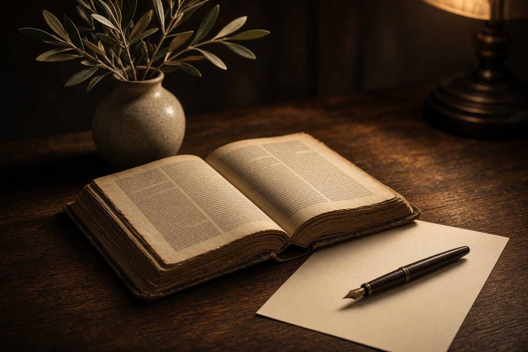 An open Bible beside a lamp.