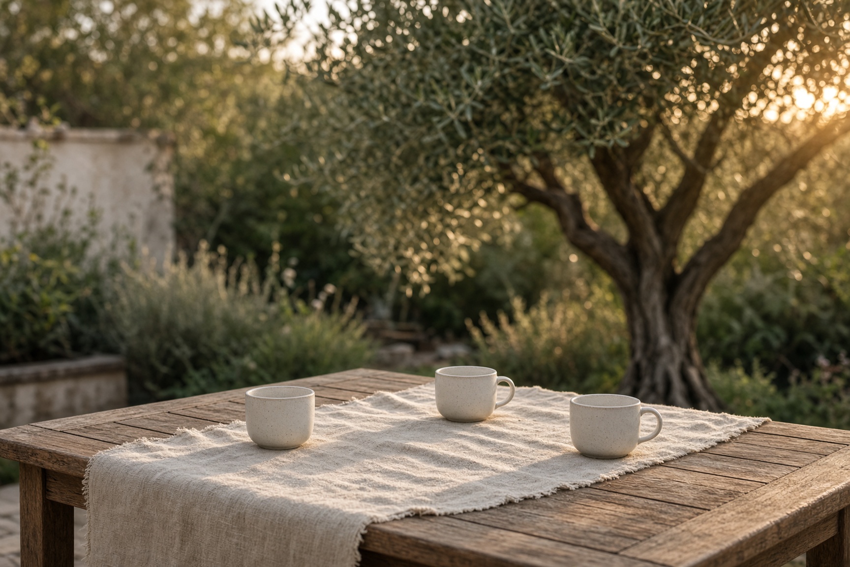 A quiet backyard table at golden hour, three cups set out under an olive tree.